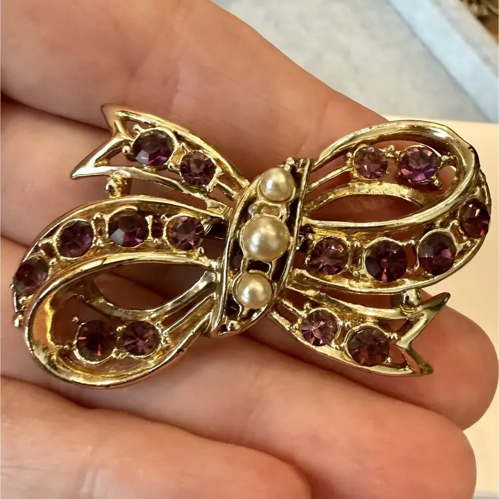 Vintage Purple Rhinestone Crystal Brooch Pin Bow Faux Pearls Feminine